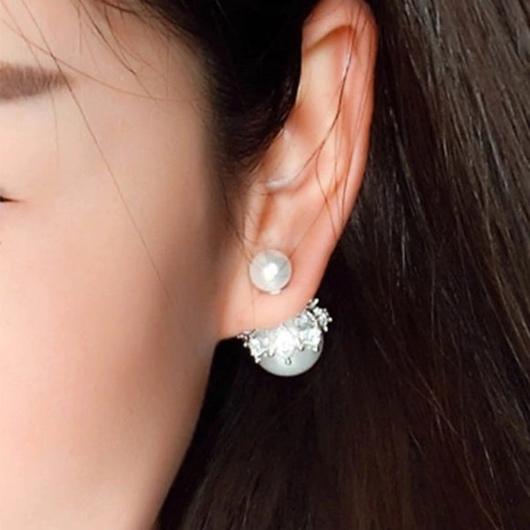 NEW 925 Sterling Silver Diamond Pearl Earrings V - Picture 4 of 11